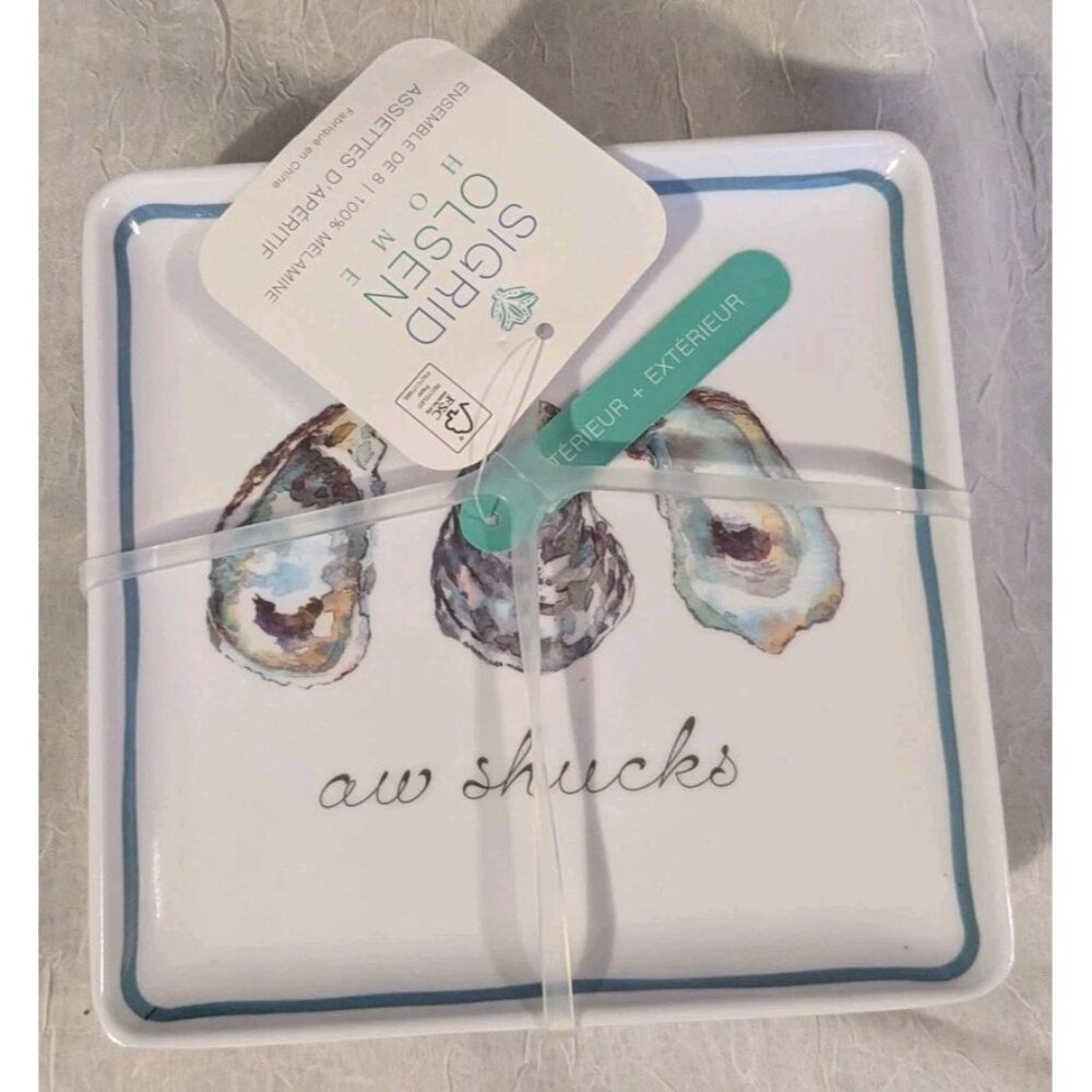 NWT Sigrid Olsen 8 Plates Appetizer Oyster Square Melamine Aw Shucks Nautical 6" - Picture 11 of 11